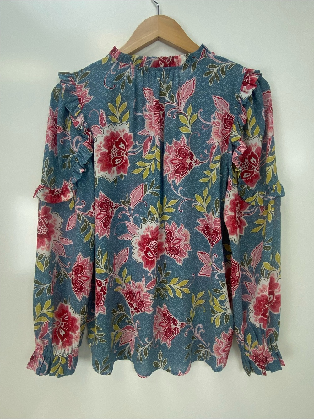 LOFT Teal Floral Ruffle-Shoulder Blouse with Pink Blooms - Picture 5 of 7